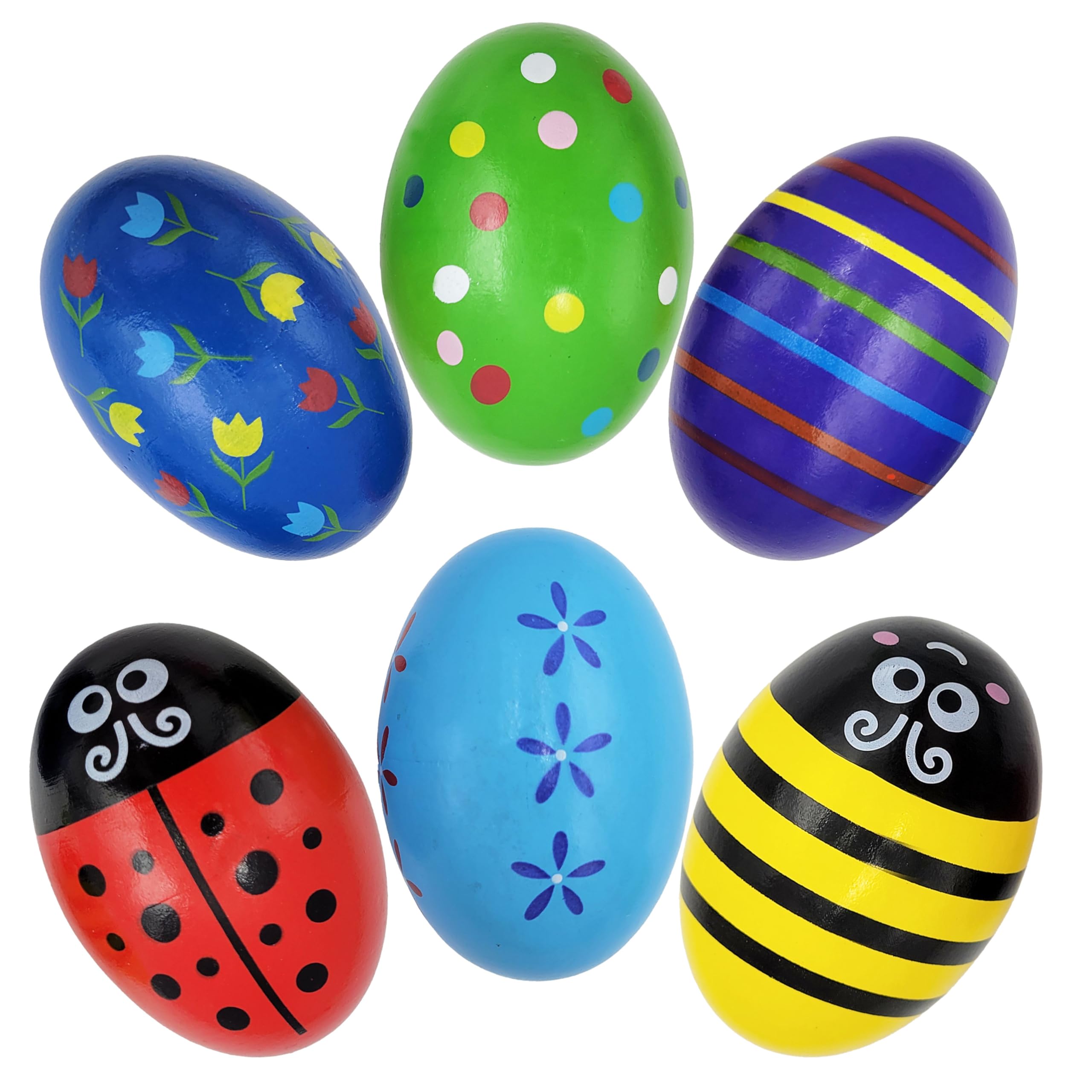 Huevos de Pascua de madera pintada suave con sonajero, perfectos para manualidades de Pascua, decoración y caza de huevos en cartón, 6.9 cm diseños surtidos (paquete de 6)