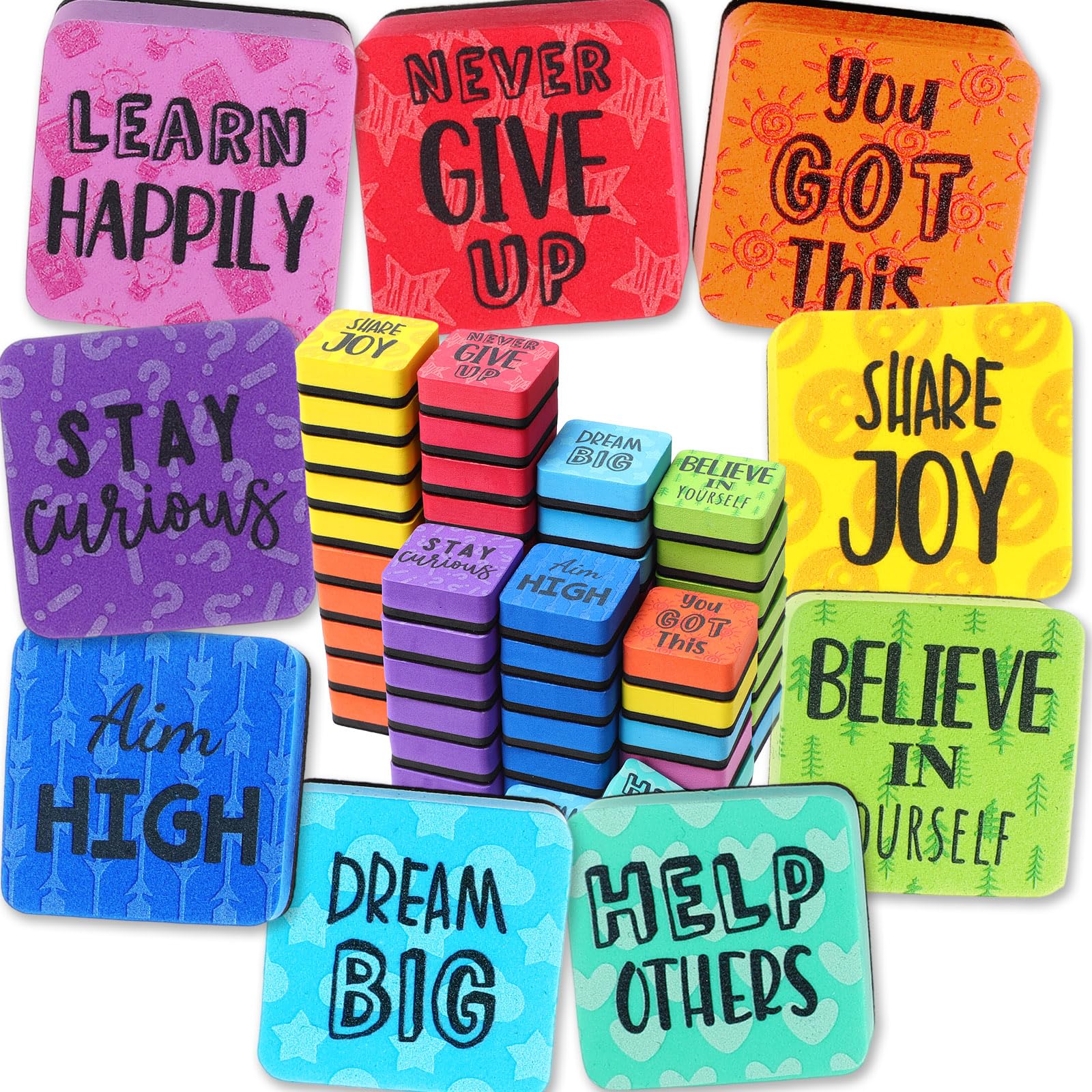 Dunzoom 54 Pack Mini Motivation Dry Erase Erasers Assorted Colors Inspiration Magnetic Whiteboard Erasers Small Dry Erase Board Erasers Bulk for Student Office Classroom Home School (Motivation Style)