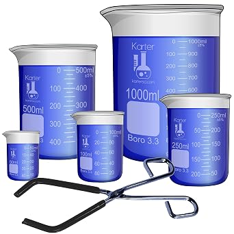 Glass Low Form Beaker Set with Zinc Plated Beaker Tongs, 5 Sizes - 50, 100, 250, 500, and 1L, 3.3 Borosilicate Glass, Karter Scientific 213A8