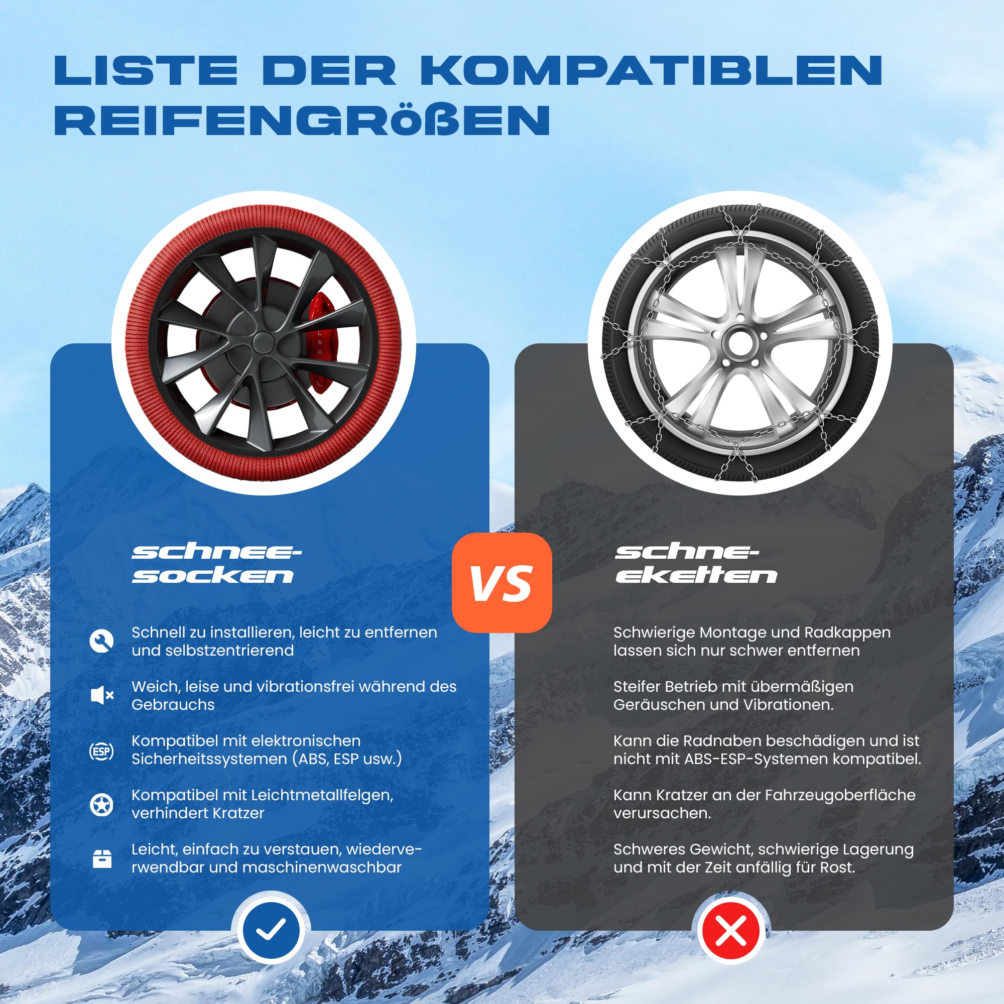 Winterreifen Schneeketten XL - EN 16662-1- Hochsichere, leicht installierbare Textil Schneeketten für Autos - rutschfeste, strapazierfähige Ketten - Set mit 2 Ketten + Handschuhe(Rossi)