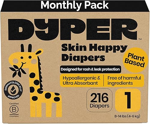 DYPER Pañales para bebé talla 1 (216 unidades) A base de plantas, hipoalergénicos, sin fragancia y ultra absorbentes, pañales desechables para