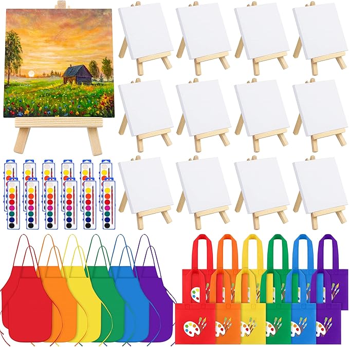 ADXCO 12 Watercolor Paint Set – 48PCS Mini Art Kit with 8-Color Watercolor Paints, Wooden Easels, Canvas Bags & Aprons | Beginner Art Supplies