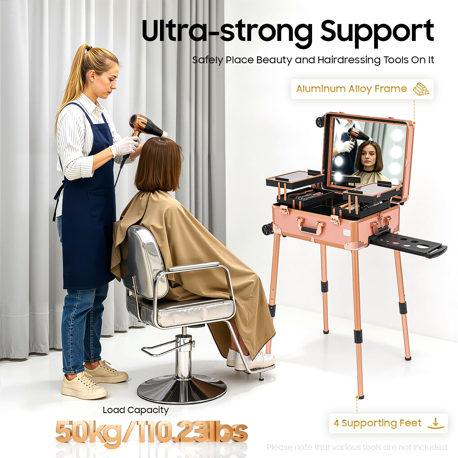Maletín de Maquillaje Profesional con Luz LED y Espejo, Trolley de Maquillaje con Ruedas 360°, Patas Ajustables, Estación de Belleza Portátil para Maquilladores, Peluquería, Estética y Uñas