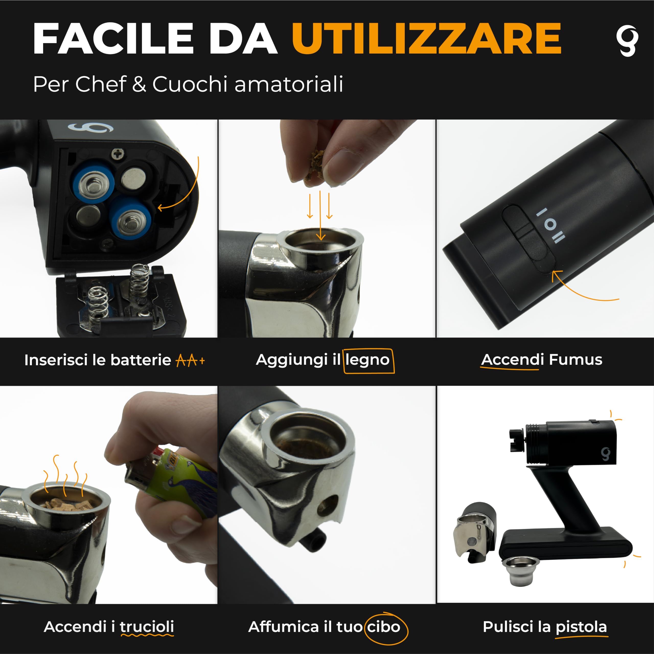 Fumus Affumicatore da Cucina 5 Gusti Trucioli Affumicatura 2 Velocità Smoker Whisky Disco Cocktail Ricettario