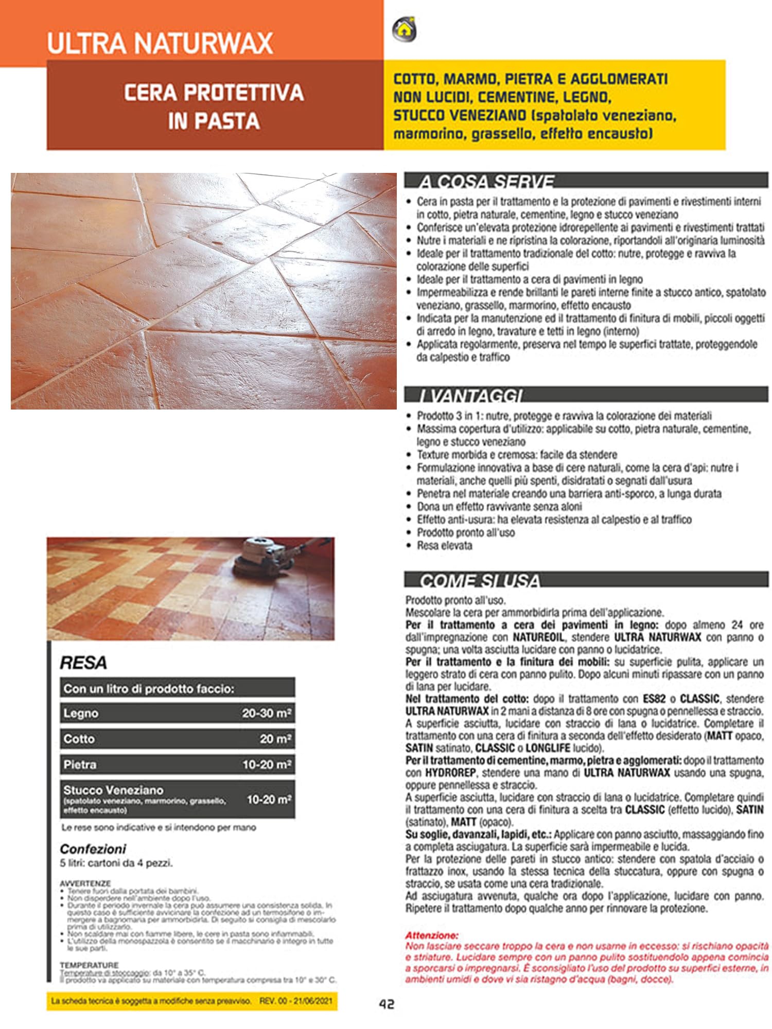 Cera per Cotto Interno Protettiva In Pasta Ultra Naturwax 5 Litri