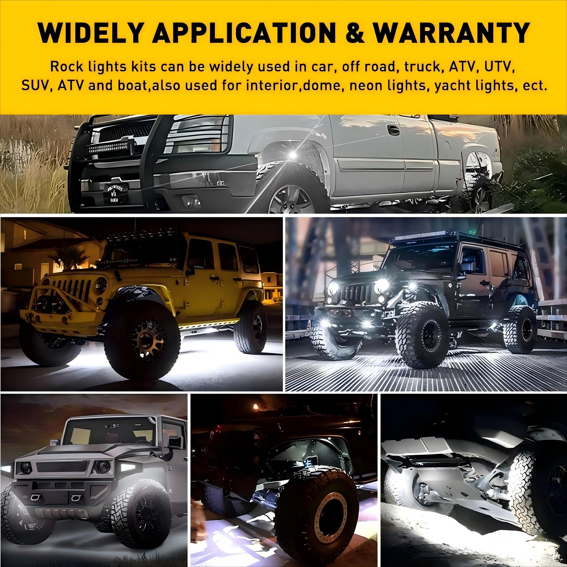 Led rock light,6xbianco luci di roccia,Luce led rock sottoscocca auto neon decorazione Illuminazione,Luci del telaio dell'auto, Impermeabile per rimorchio,camion,bus,suv,atv,utv (6 pods)