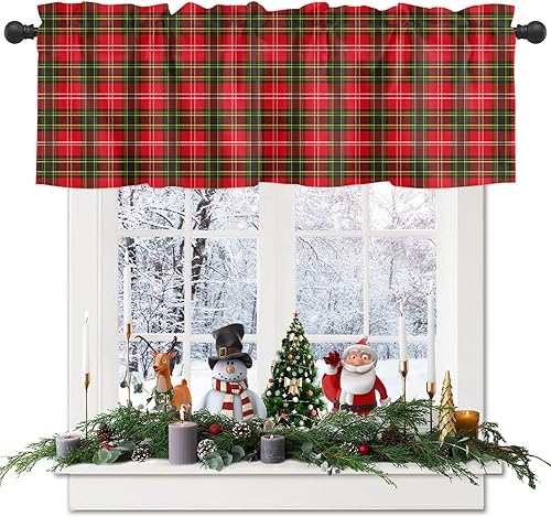 Miniatura 1 de Cenefa clásica de tartán de Navidad, cenefa de ventana de búfalo rojo y verde, panel de bolsillo para barra para ventanas de cocina, dormitorio,