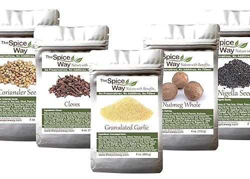 The Spice Way Semillas de cilantro de 5 onzas, dientes de 4 onzas, gránulos de ajo de 8 onzas, nuez moscada entera 4 y semillas de Nigella, paquete