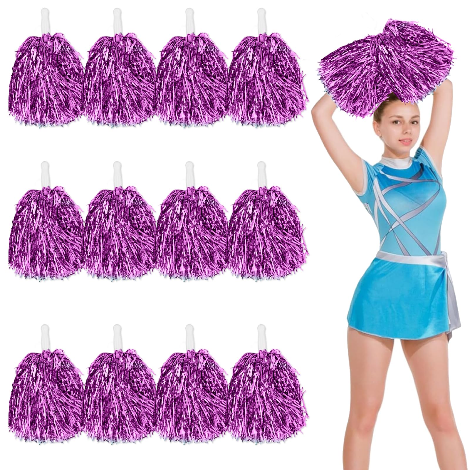 12pcs Cheerleading Pom Poms with Handle Cheerleader Pompoms Metallic Foil Pom Poms Cheerleader Outfit Accessories for Sports Team Spirit Cheering Party Dance Night Party (Rose Red) — image 1