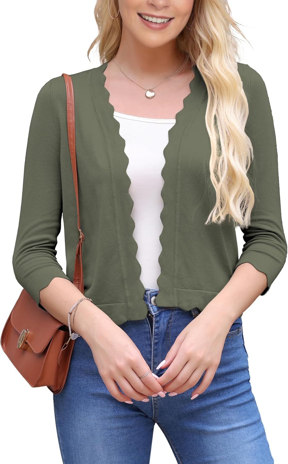 VOIANLIMO Women's 3/4 Sleeve Cropped Cardigan Sweaters Knit Open Front Bolero Short Shrugs for Dresses