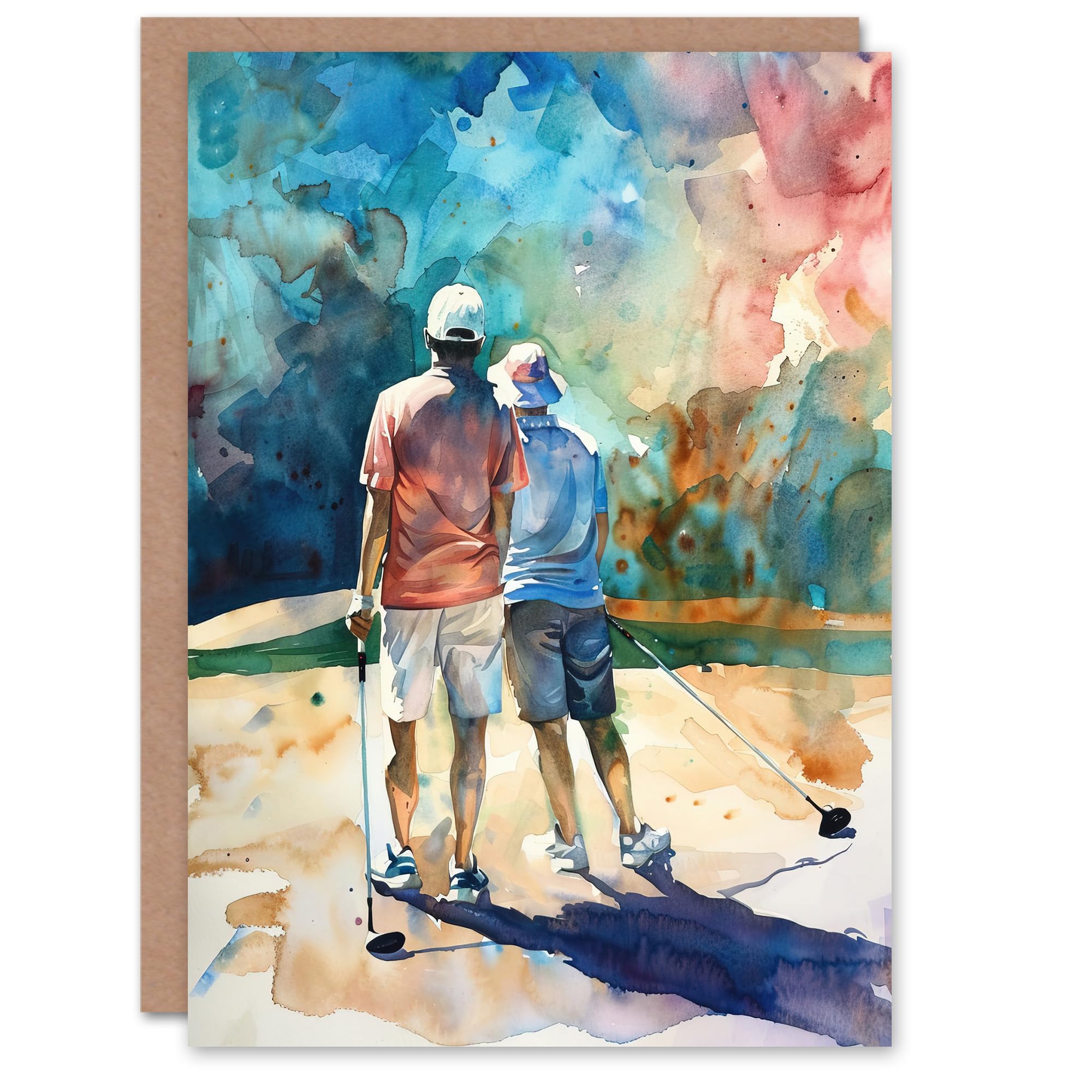 Two Golfer Friends in Bunker Watercolour Golf Sun Greeting Card Birthday Him Her