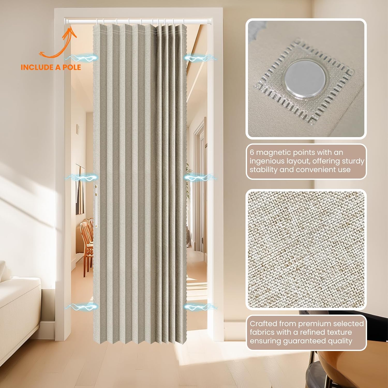 AJAZZ 100% Blackout Accordion Door Curtains for Door Window Curtains Magnetic Doors Curtain for Bedroom, Doorway Curtain Sets (1 Pack, 74 W x 78 L, Cream White+Rod)