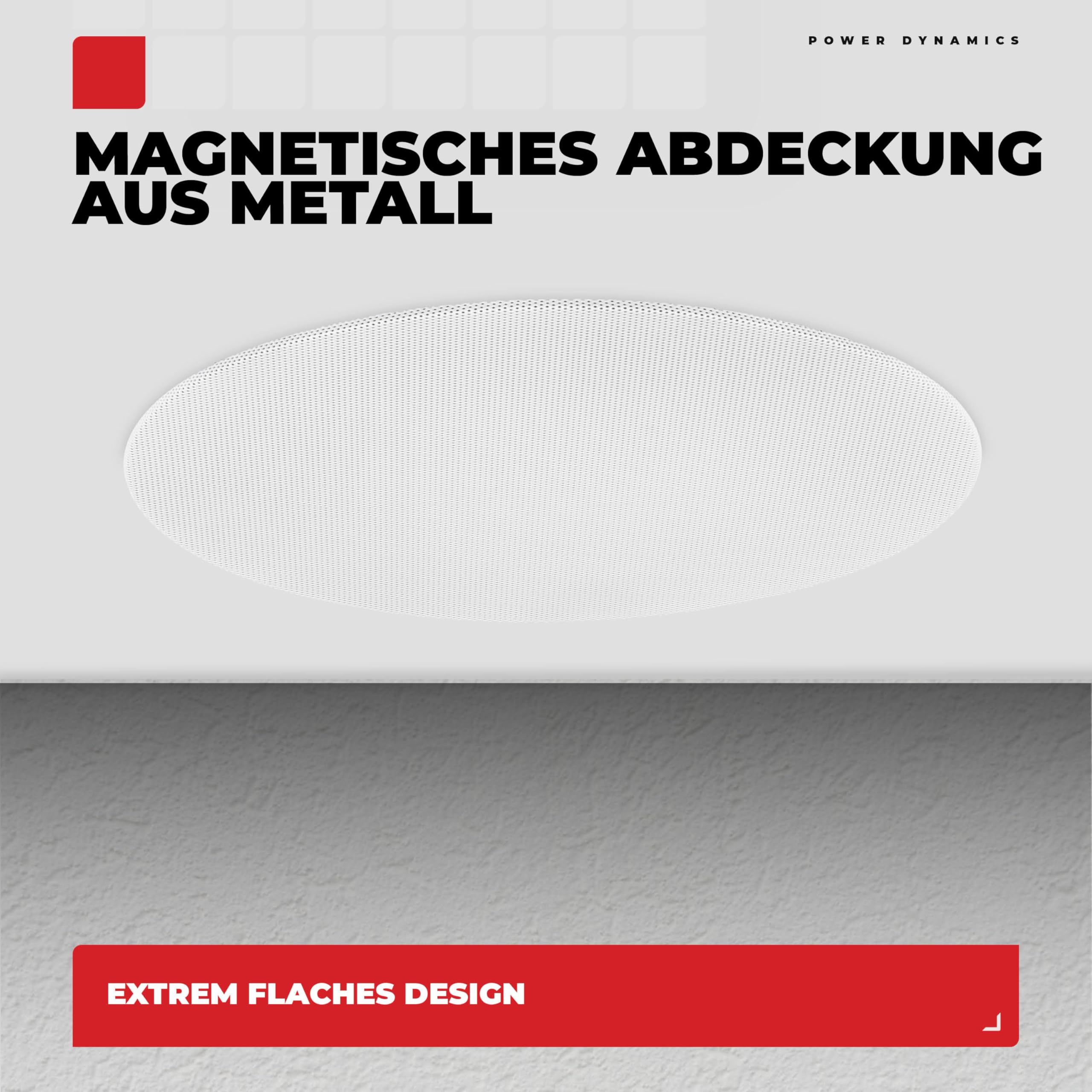 Power Dynamics KVCS5 Deckenlautsprecher 40 Watt – 5,25" 2-Wege Einbaulautsprecher Decke – Weiß – HiFi Klang, Low Profile Design, Magnetgitter, 8 Ohm – Einbaulautsprecher für Wohnräume & Gewerbe, 186mm