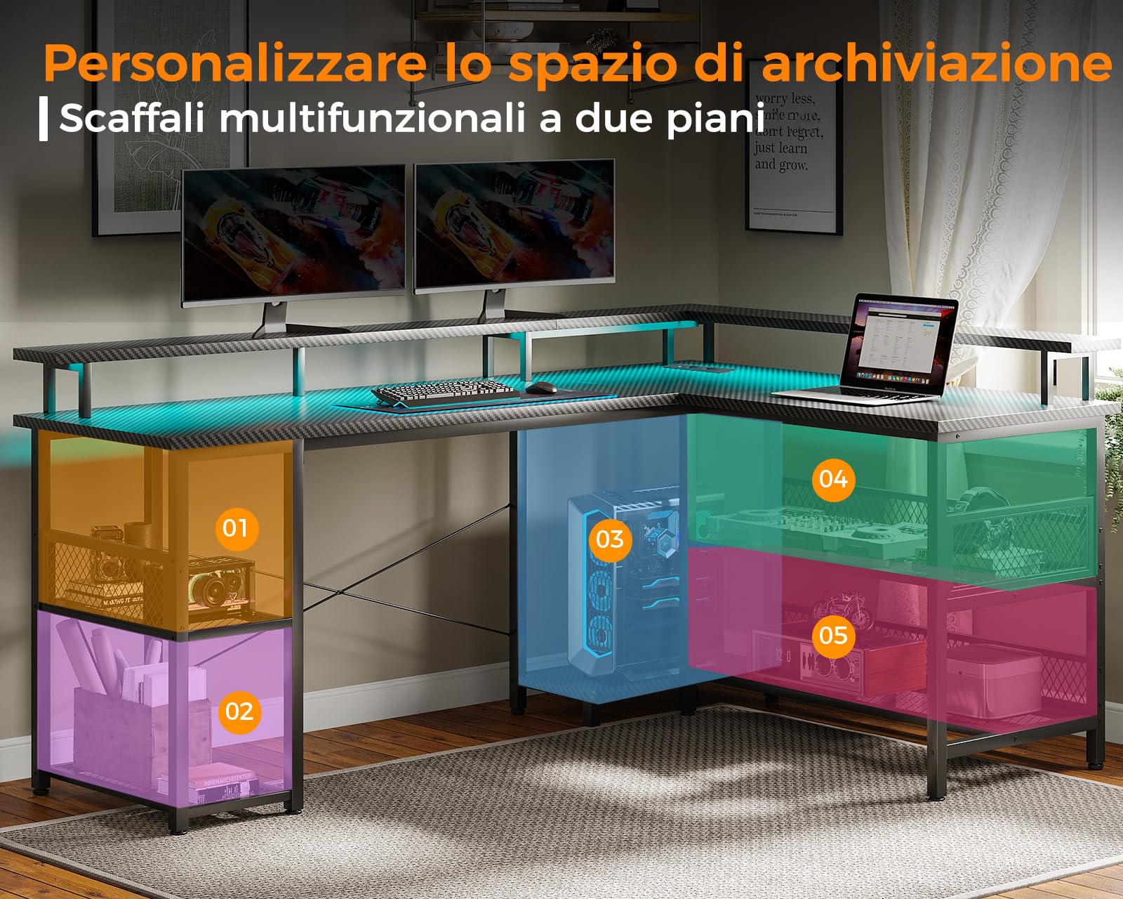 ODK Scrivania Gaming con LED, 168×120cm, Carbonio nero | reversibile, con scaffale e prese, scrivania angolare con vano portaoggetti e spazio