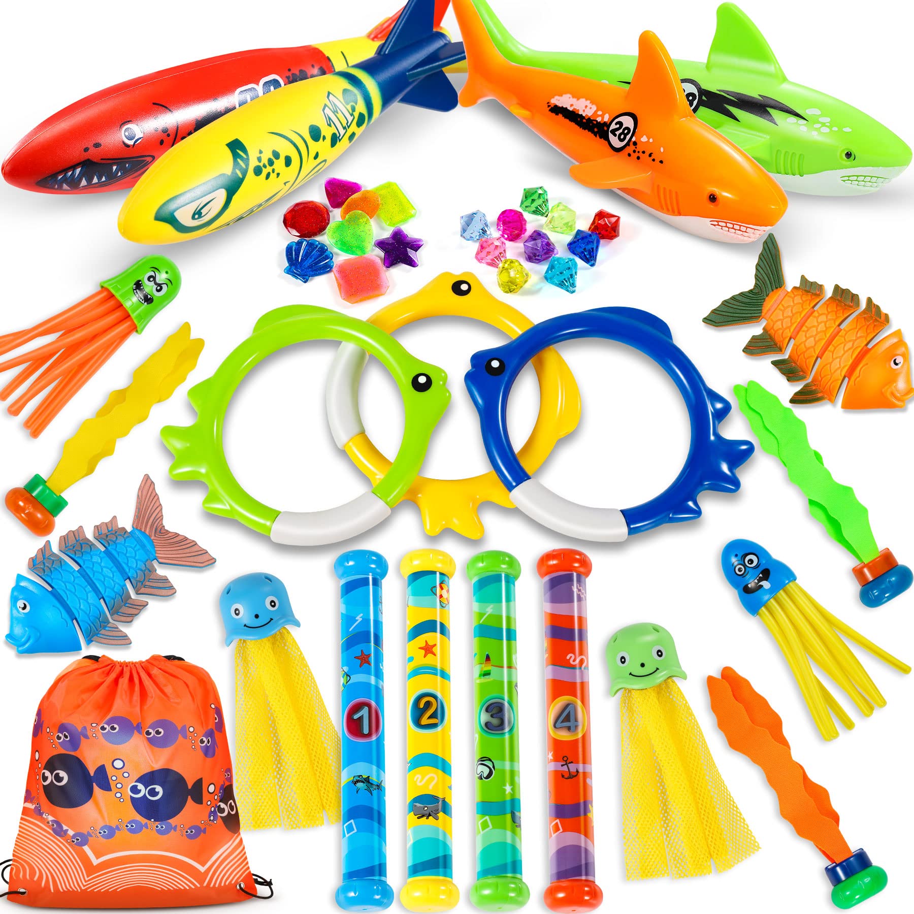 Ophy, 39pcs, Juguetes de Buceo, Juegos para Nadar bajo el Agua. Conjunto de Entrenamiento para Piscina, Natación Subacuática, Verano, para Niños