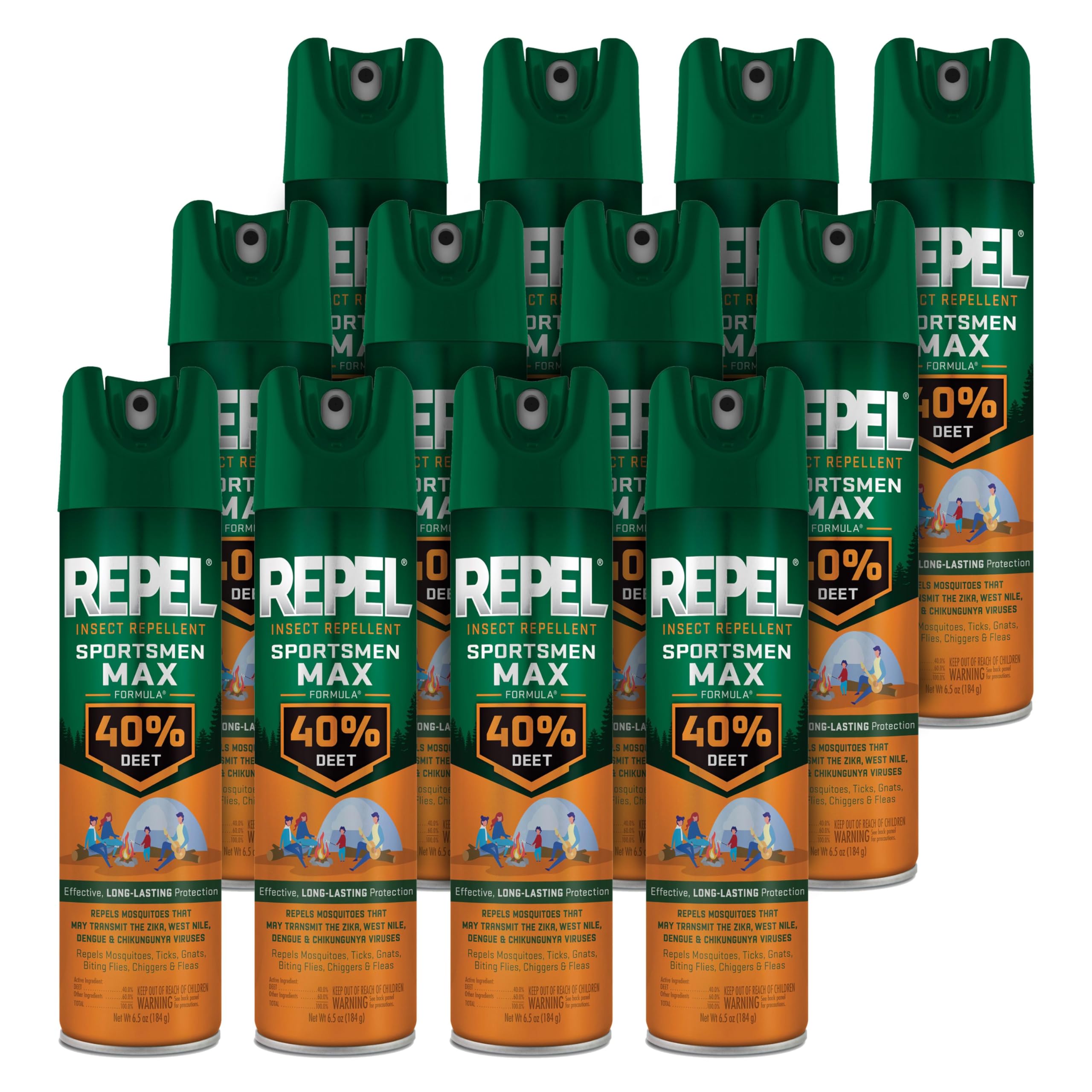 Repel Insect Repellent Sportsmen Max Formula 40% DEET, 6.5 Ounces, Long-Lasting Aerosol Insect Repellent Spray Repels Mosquitoes, Ticks, Gnats, Biting Flies, Chiggers And Fleas, 12 Pack