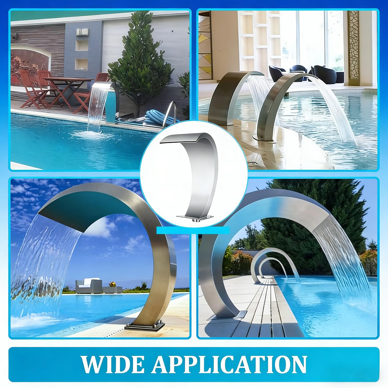 Fontana a cascata in acciaio inox con design ad arco per piscine all'aperto, stagni, sorgenti termali, piscine termali, 30 x 60 cm