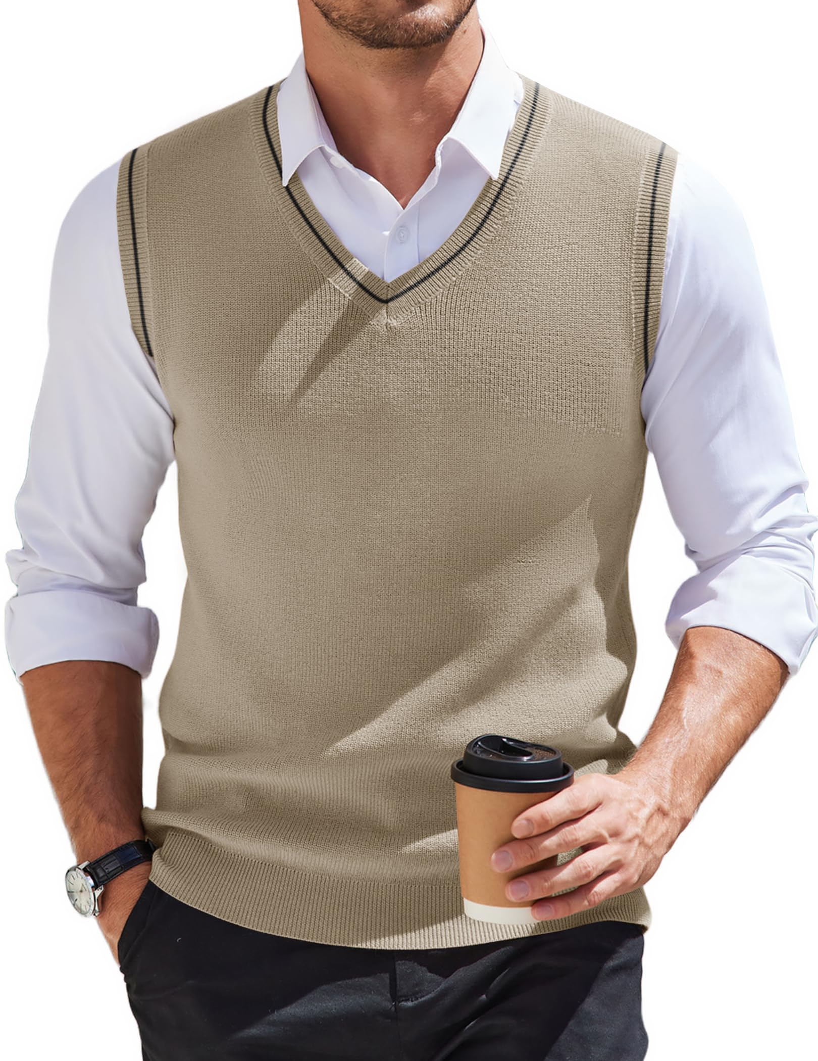 Men's Sweater Vest Cable Knitted V Neck Slim Fit Sleeveless Pullover Sweater-image-6