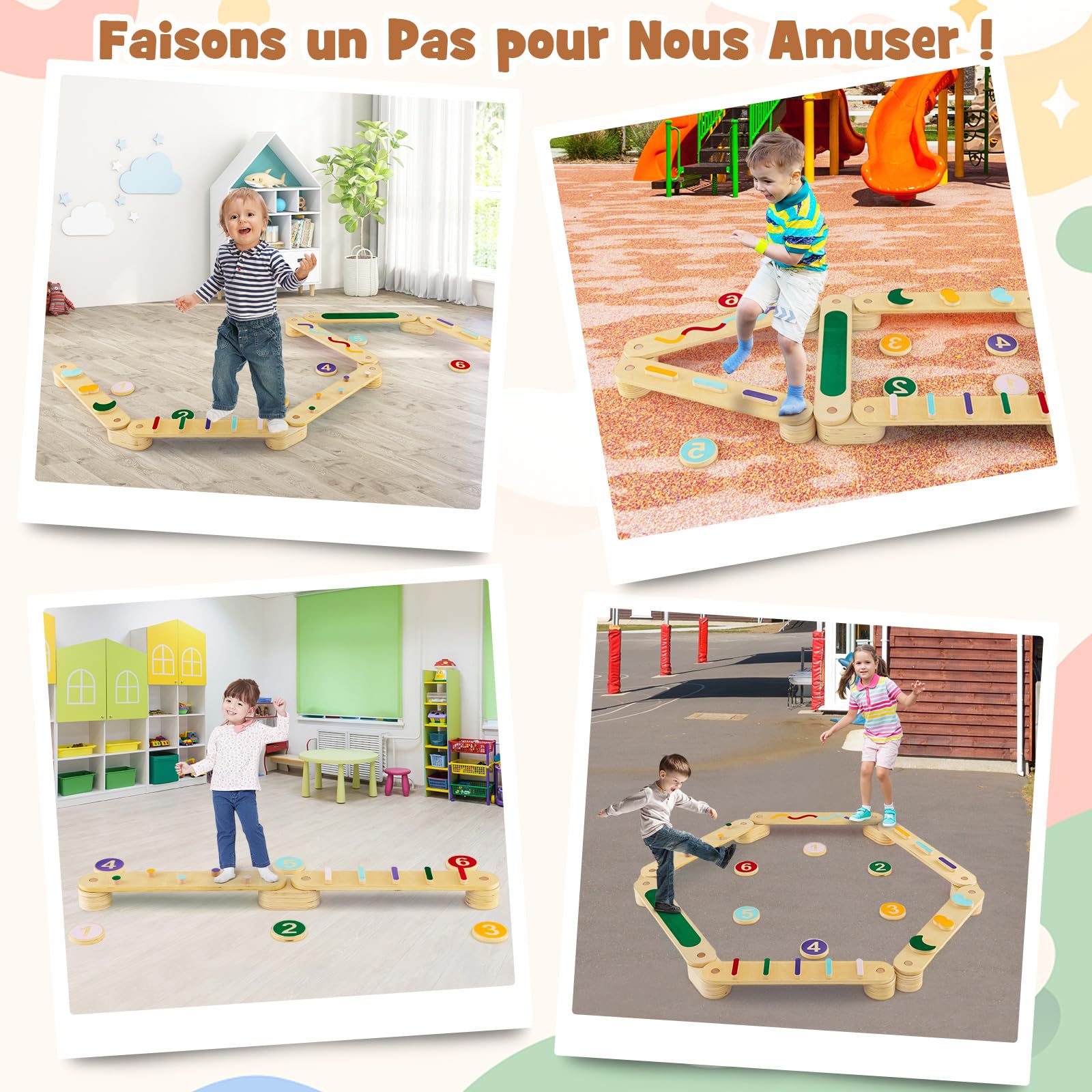 GOPLUS Poutre d'Equilibre Enfants, Poutre d'Equilibre Montessori Bois avec Tremplins, Double Face, Combinaison Libre, Parcours d'Obstacles pour Enfants 1 Ans,Charge 60KG Multicolore