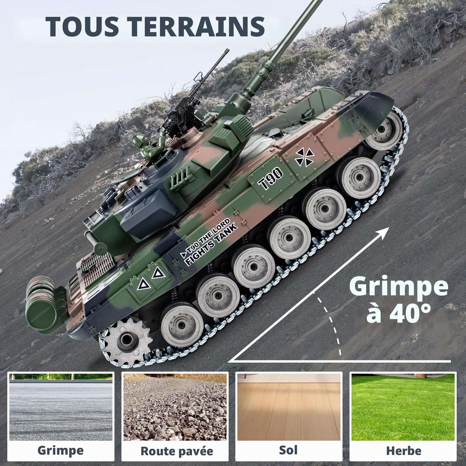 Supdex Tank Telecommande RUS T-90, Char Télécommandé 1/18, Maquette 2,4GHz Modèle de Combat, RC Char pour Adultes et Enfants, Modèle de Combat avec Tir et Son Réaliste