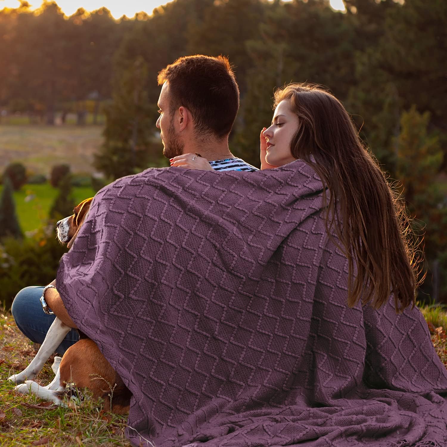 EXQ Home Knit Throw Blanket with Tassels, Soft Decorative Textured Solid Woven Blanket for Couch,Bed,Sofa,Travel, Machine Washable Lightweight Cozy Blanket Suitable for All Seasons(50"×60",Purple)
