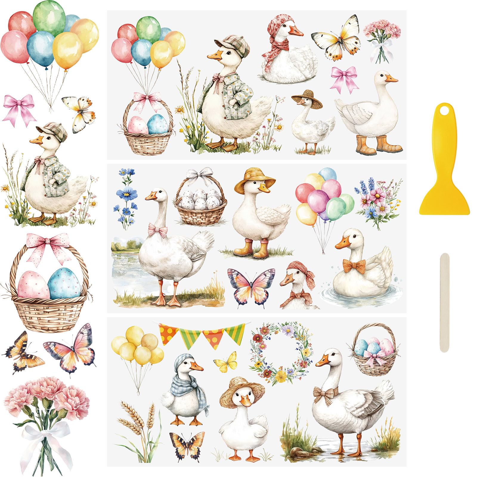 WANDIC 3 Sheets UV DTF Wraps Stickers,Cartoon White Geese Cup Decals Furniture Stickers Waterproof Transfers Window Decals for Glass and DIY Crafts