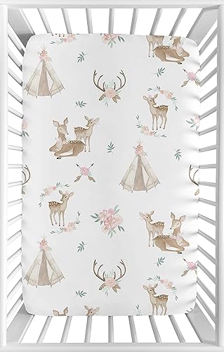 Sweet Jojo Designs Sábana bajera ajustable para cuna de bebé, color rosa rubor, verde menta y blanco, para niña, para la colección floral de ciervos