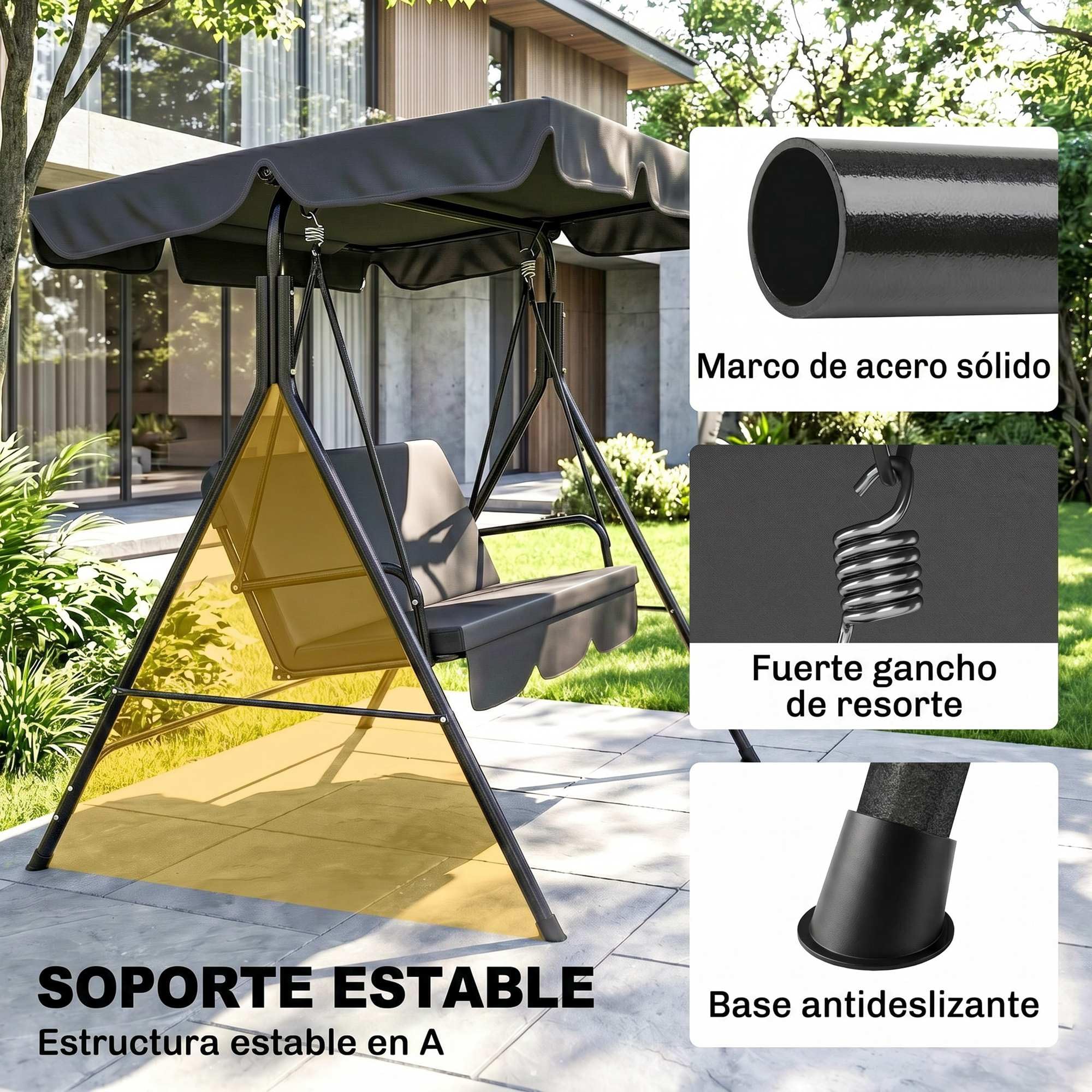Outsunny Columpio de Jardín Exterior de 3 Plazas, Balancín de Jardín Exterior con Techo Ajustable y Marco de Acero, para Balcón, Terraza, Patio, Carga 200 kg, 172x110x153 cm, Negro
