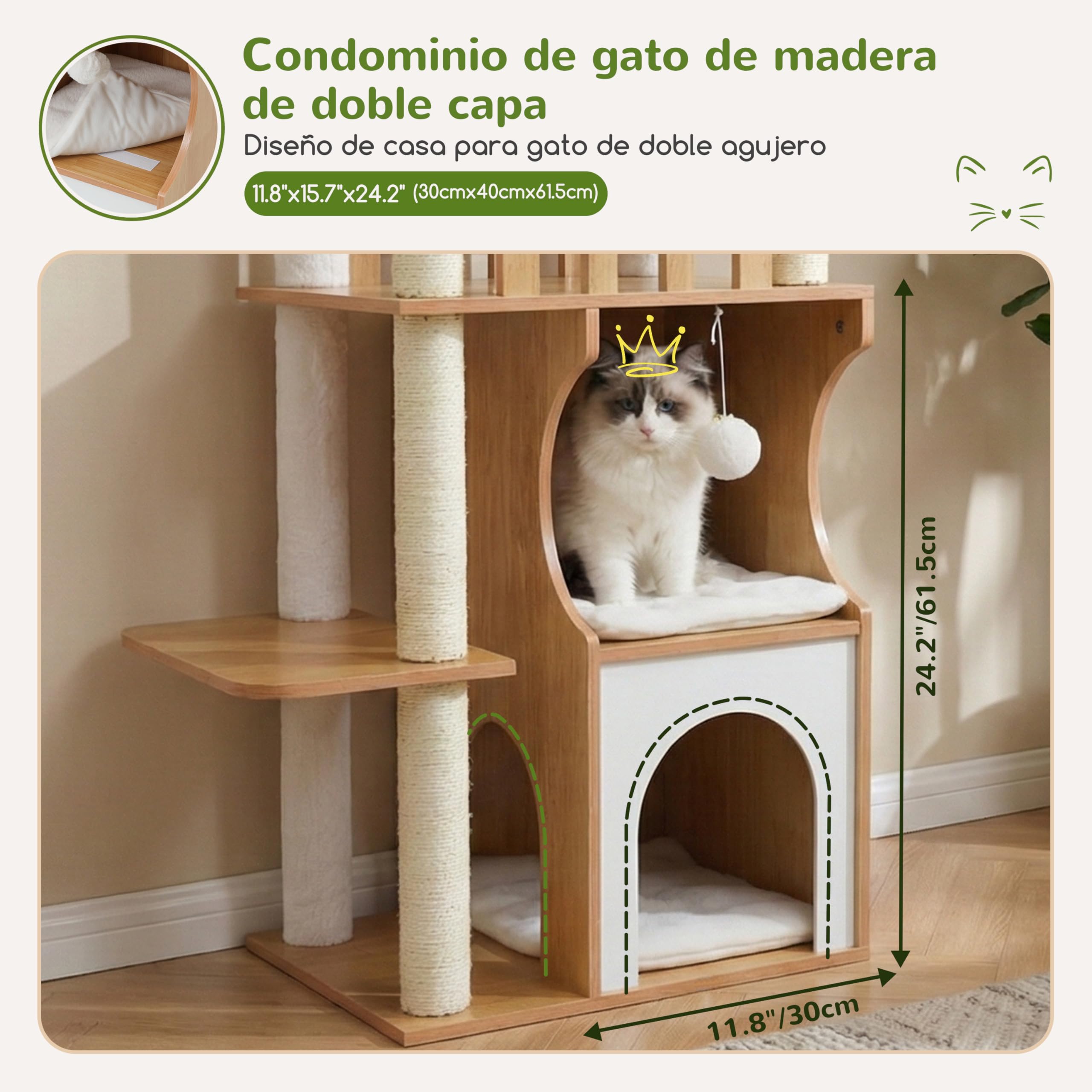 Gitelsnour rascador para Gatos, 180 cm Árbol para Gatos de Madera Grande, Mueble Moderno para Gatos con Cuevas de Madera Doble, 2 Plataformas, Hamaca y Postes rascadores, Nogal GCT102WB