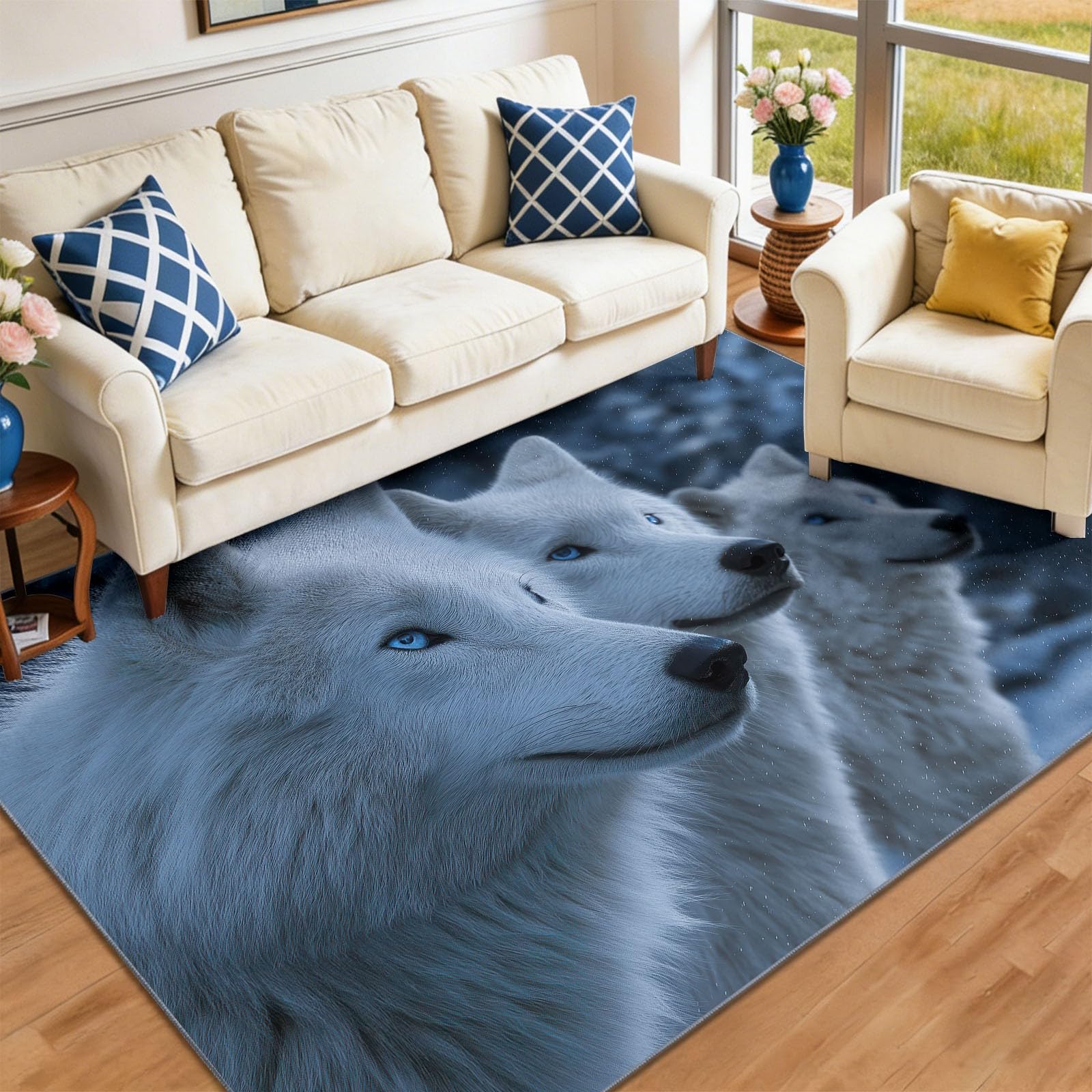 Tappeto per la cameretta dei bambini, motivo: lupo mitico nella pineta, tappeto lavabile, antiscivolo, a pelo basso, morbido, idea regalo, 80 x 150 cm, bianco