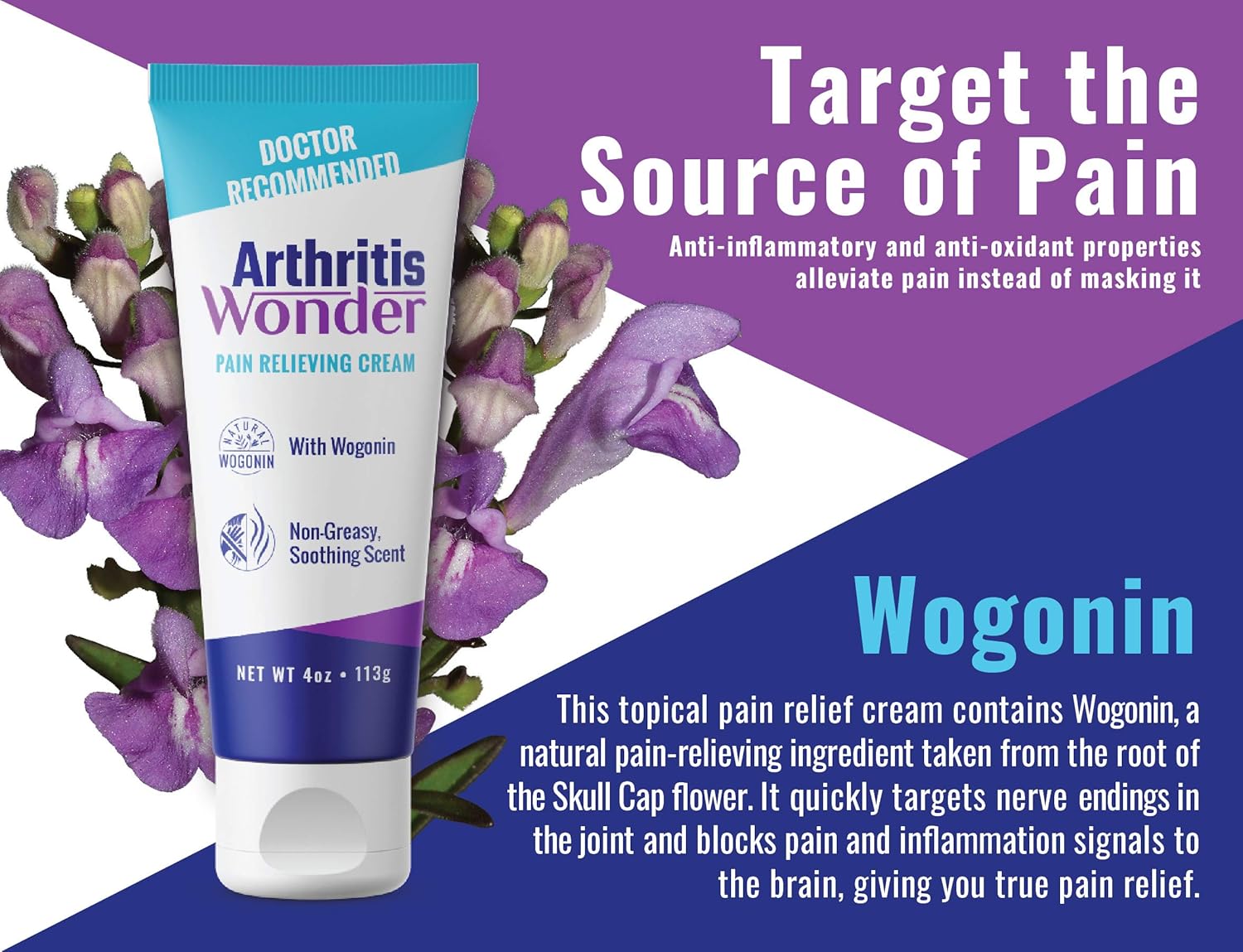 Arthritis Wonder Pain Relief Cream, 4 oz – Arthritis Pain Relief Cream for Hand, Knee, Foot and Wrist Joints – Fast-Acting, Deep Penetrating, Non-Greasy Formula with Natural Wogonin - 2 Pack