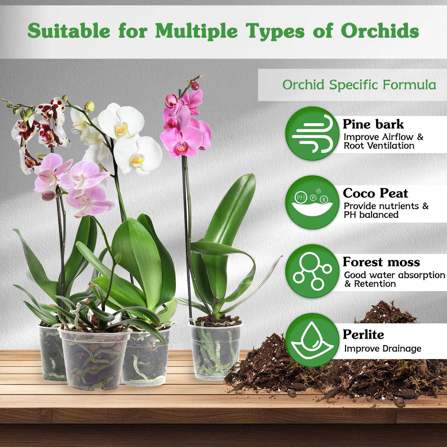 Miscela per invasatura di orchidee per rinvaso, miscela di muschio e corteccia di pino, torba di cocco e perlite, miscela di corteccia di orchidea, buon drenaggio - 1QT