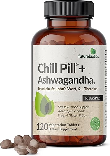 Futurebiotics Chill Pill + Ashwagandha, Rhodiola, hierba de San Juan y L-teanina, sin OMG, 120 tabletas vegetarianas