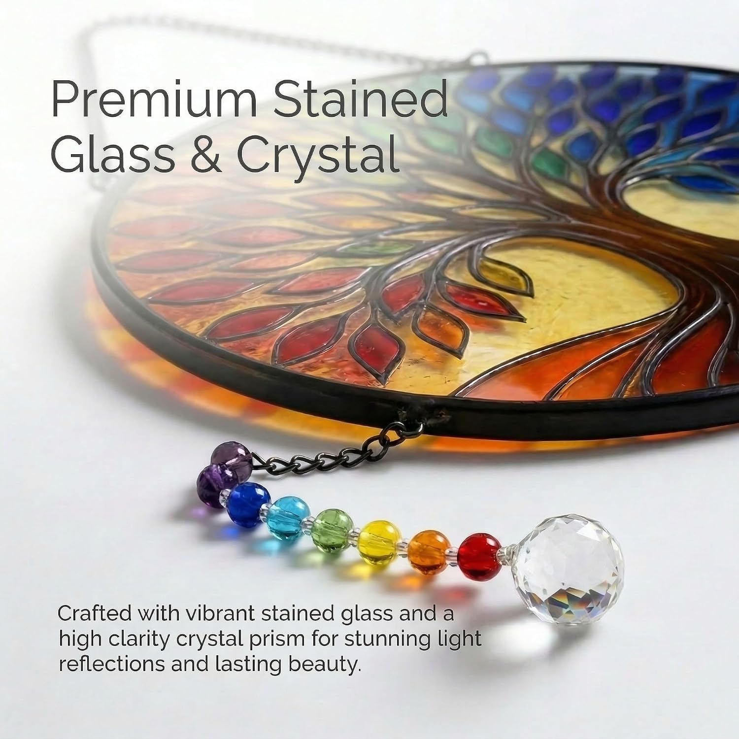 Stained Glass Suncatcher with Chakra Colors Crystals, Tree of Life Window Hanging Decor, Crystal Rainbow Maker for Home Garden, Healing Stone Wall Art, Unique Spiritual Gift for Women, Moms