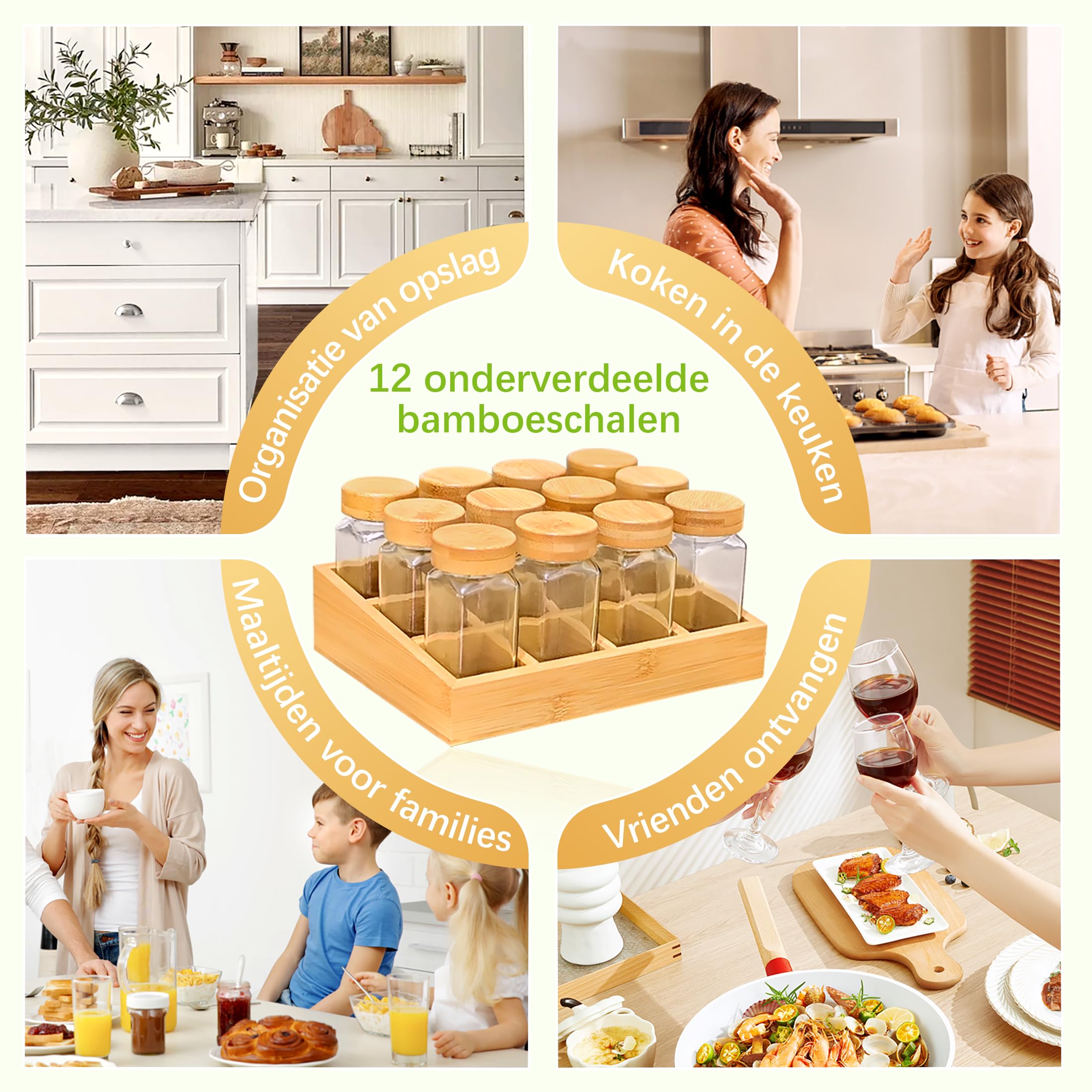 SIAZIH Bamboe Kruidenrekken Lade,12 Vierkante Kruidenpotjes,120ml Kruidenrek Met Kruidenpotjes,Keukenlade Organisers, Keukenkastjes Gebruik