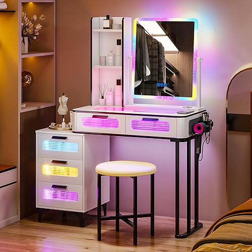 Gurexl Mesa de tocador de maquillaje RGB con estación de carga inalámbrica, maquillaje LED con escritorio visible, juego de mesa de tocador 7