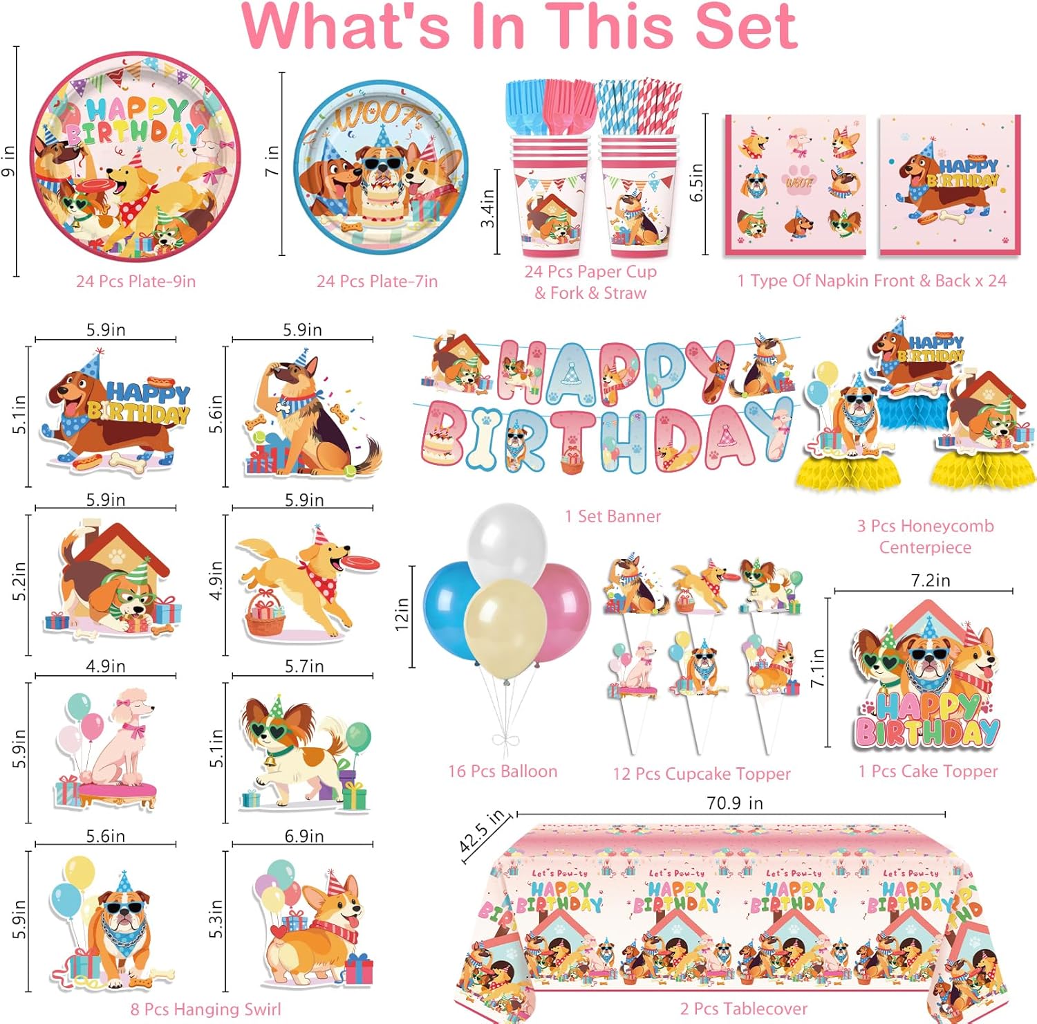NeoRov 202 Pcs Puppy Birthday Party Decorations Tableware Set - Service 24 Guests - Includes Banner, Cake Topper, Balloons, Plates And Napkins Paper Cup - For Dog Birthday Party Supplies