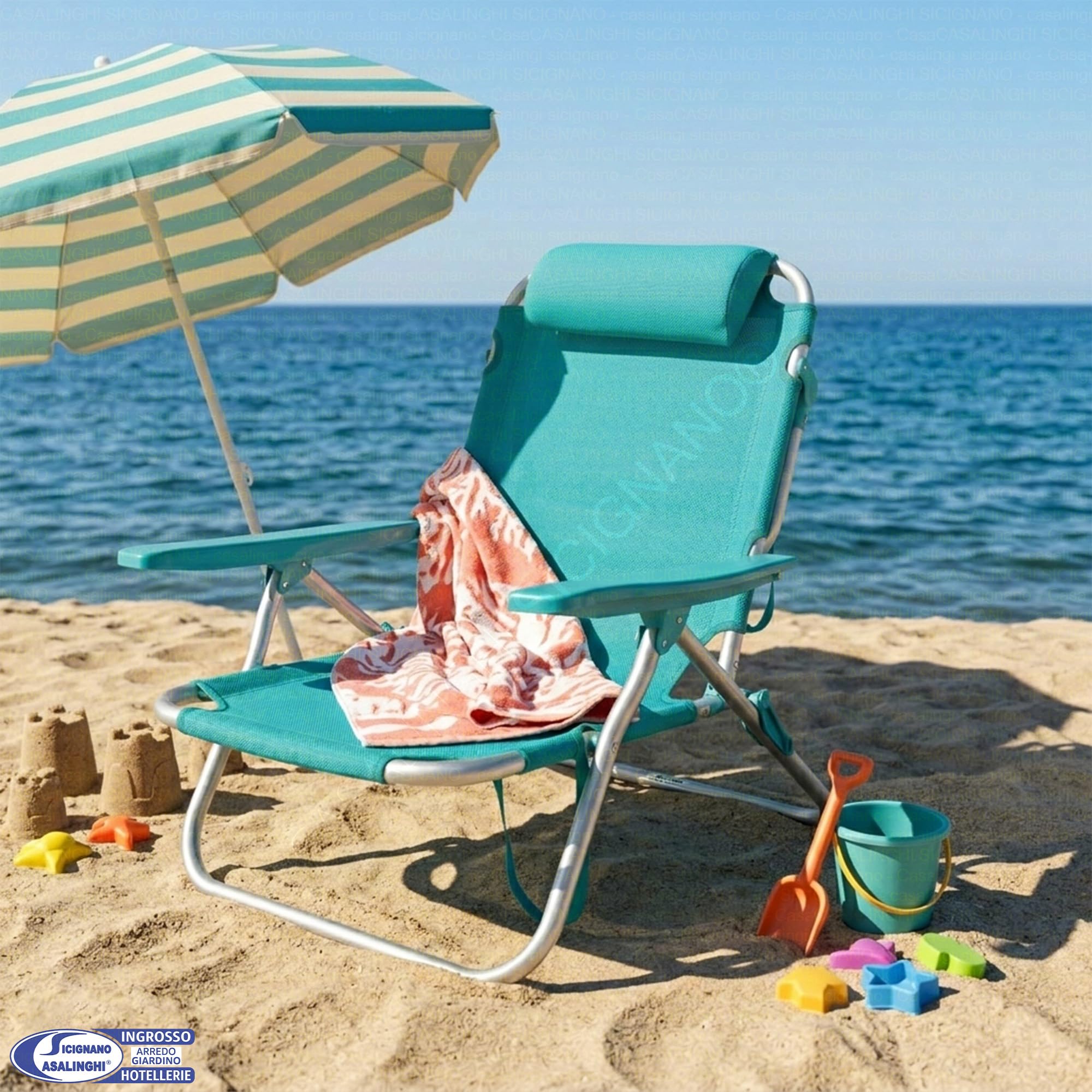 Sicignano Sdraio Pieghevole, Spiaggina in Alluminio e Texilene con Braccioli e Poggiatesta, 63 x 55 x 79-61 h cm, Portata 110 kg, per Mare Giardino Campeggio, Turchese