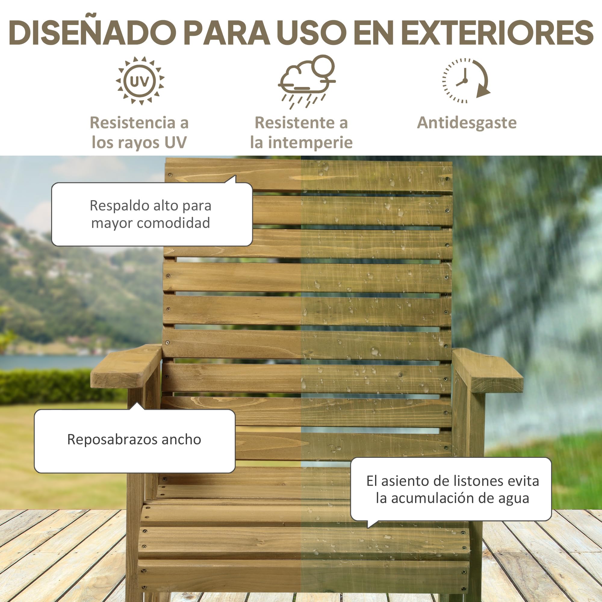 Outsunny Silla Mecedora de Madera de Abeto Mecedora Balancín con Reposabrazos y Diseño de Lamas Carga 130 kg para Jardín Terraza Patio Porche 86x64x85 cm Natural