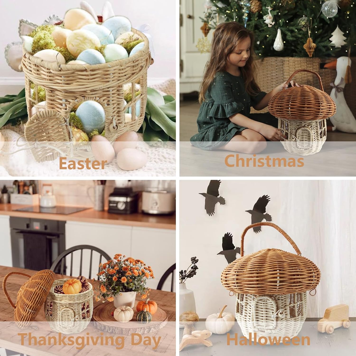 Mushroom Shaped Basket for Gift, Portable Picnic Basket Food Storage Basket for Going Out, Decorative Woven Basket with Lid, Woven Handles Baskets for Shelf Organizer, Cute Desktop Storage Ornaments