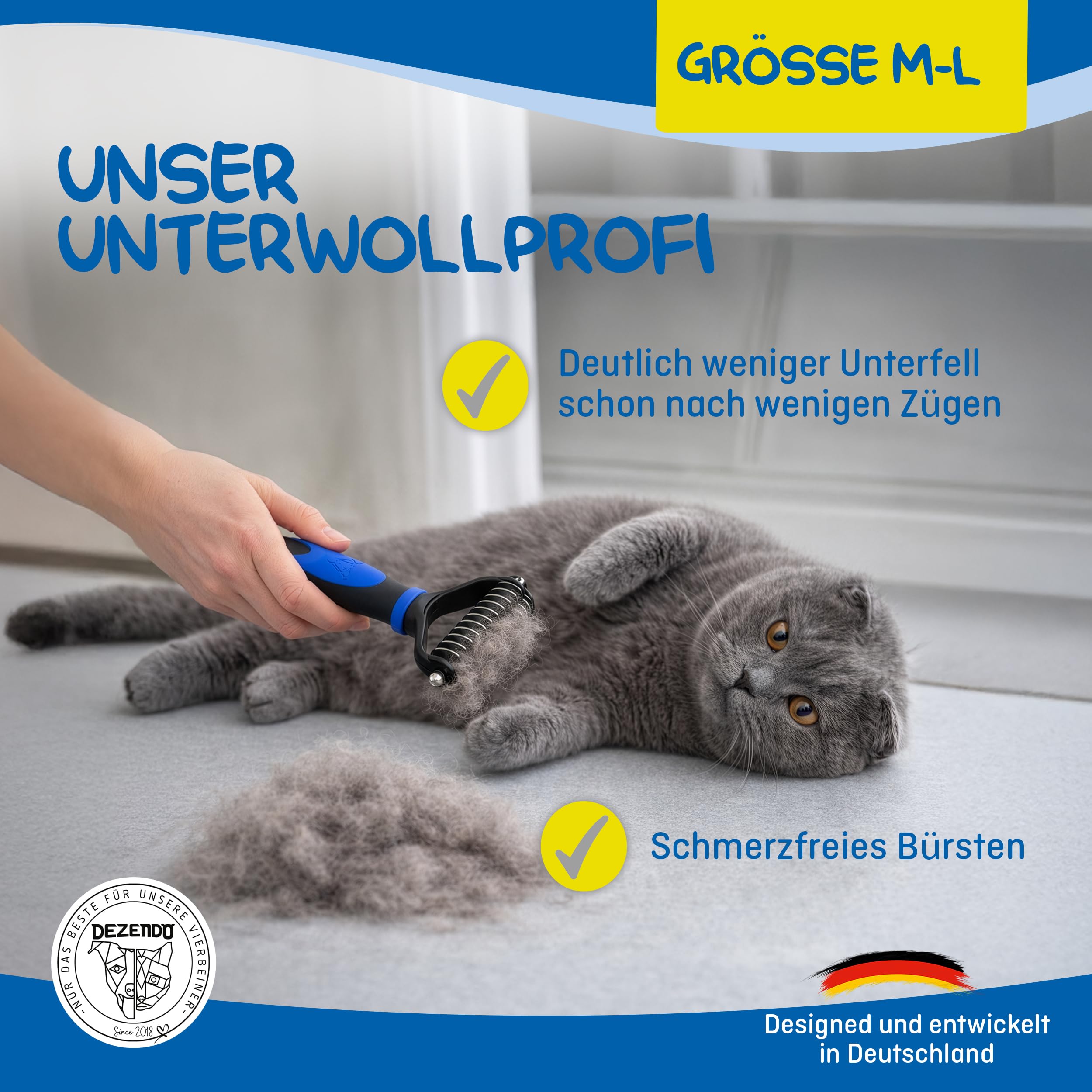 Unterfellbürste für Hunde & Katzen mit MITTEL- & LANGHAAR (Gr. M-L) - Hundebürste & Katzenbürste gegen Verknotungen & für Fellpflege (ohne ziepen) - Fellbürste für Unterwolle & Unterfell
