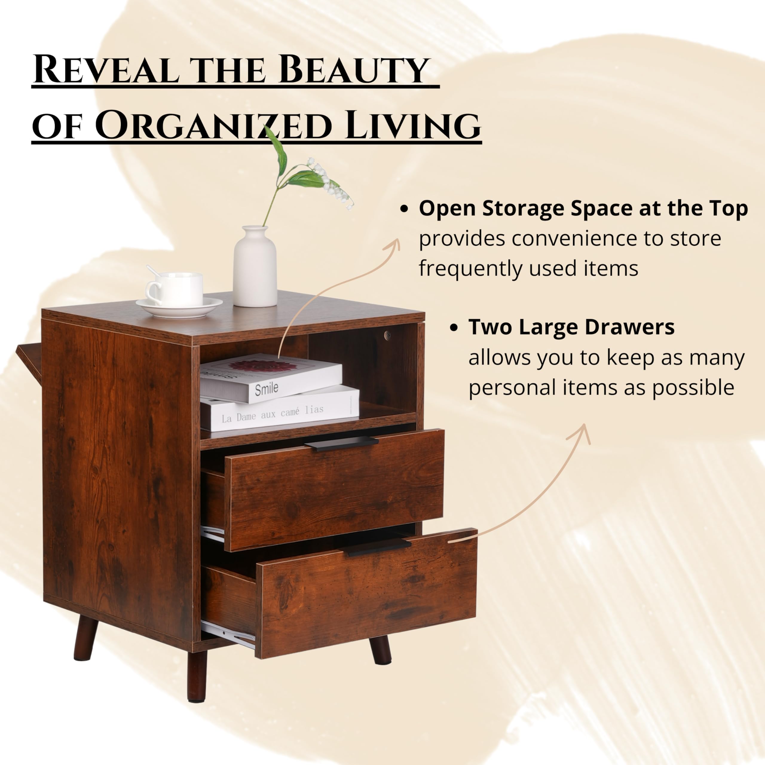 Comodino Con Scomparto Nascosto - Design Mid-Century Moderno Con Van Segreto Per Oggetti Di Valore (Marrone, Grande) - Foto 3