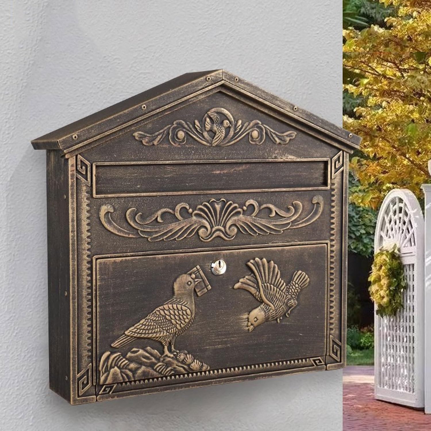 Generic Mailbox Wall-Mount Mailboxes Heavy Vintage Decorative Cast Iron Lockable Farm Bronze Residential Locked Safe(Bronze)