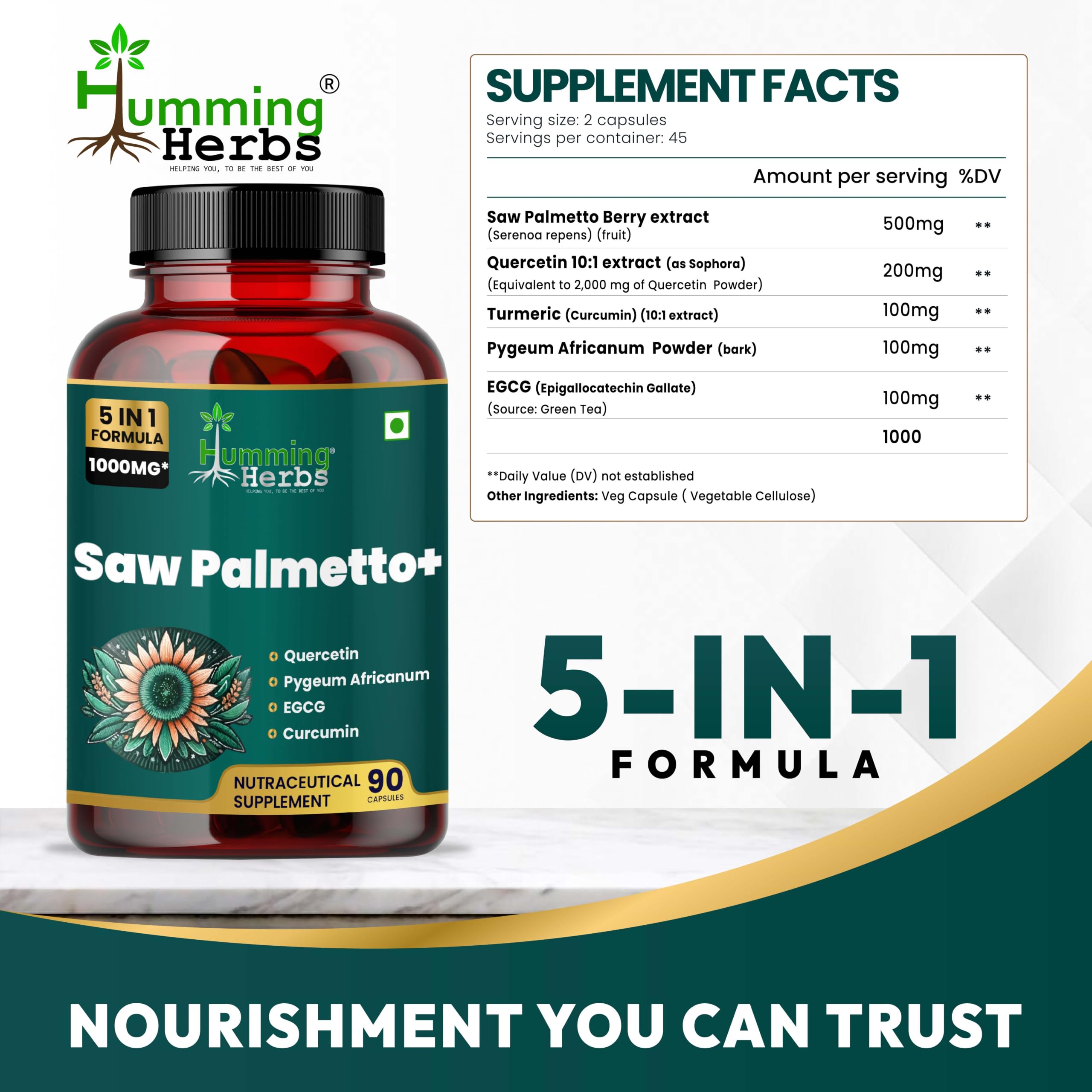 Humming Herbs Saw Palmetto Plus Prostate Support - Enhanced Formula with Quercetin, Turmeric, Pygeum, Vitamins E & B6, Zinc, Selenium for Men's Health — Amazon image 7