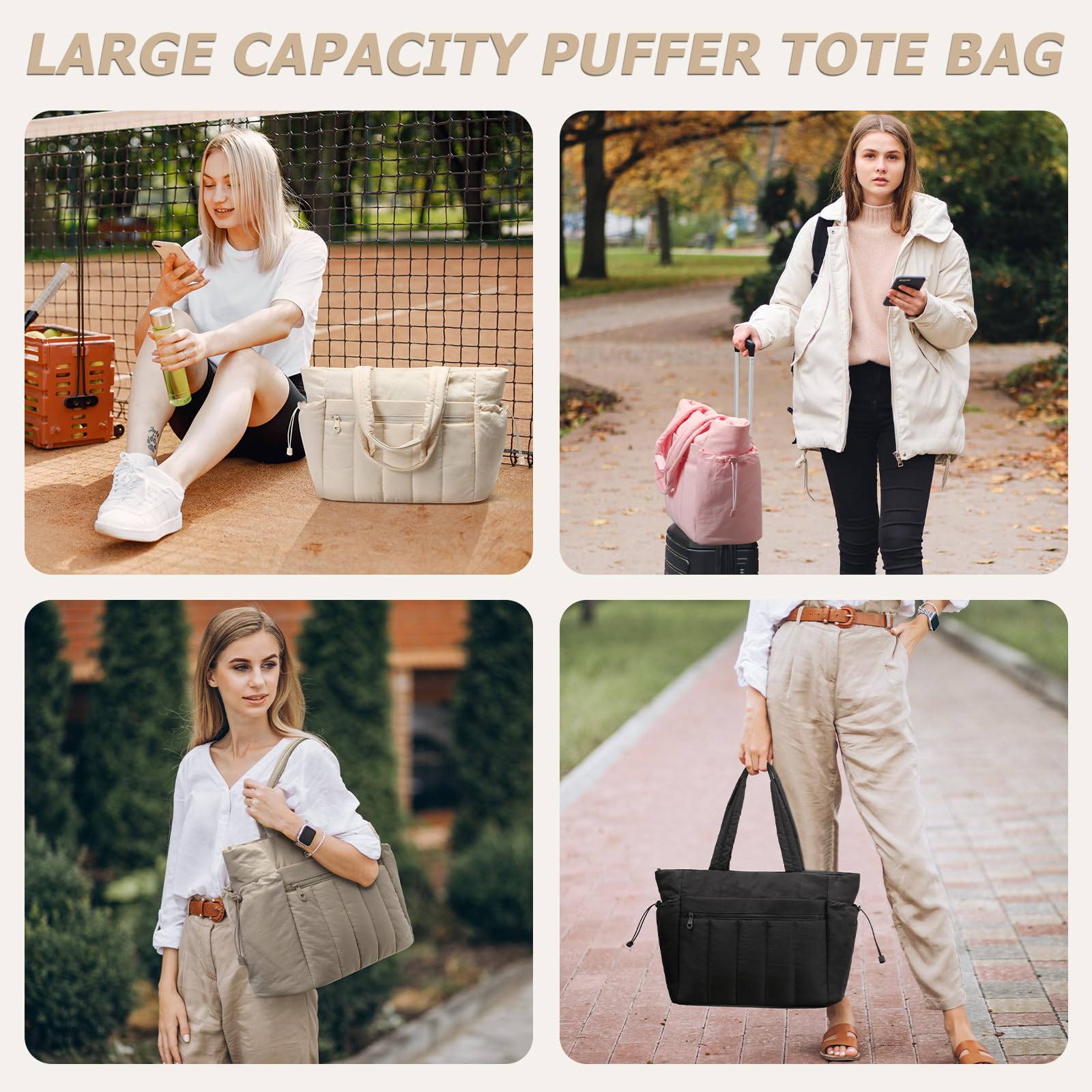 FFOGH Tote Bag for Women, Lightweight Puffer Tote Bag with Compartments, Quilted Shoulder Bag Handbag with Zipper for Work Camel