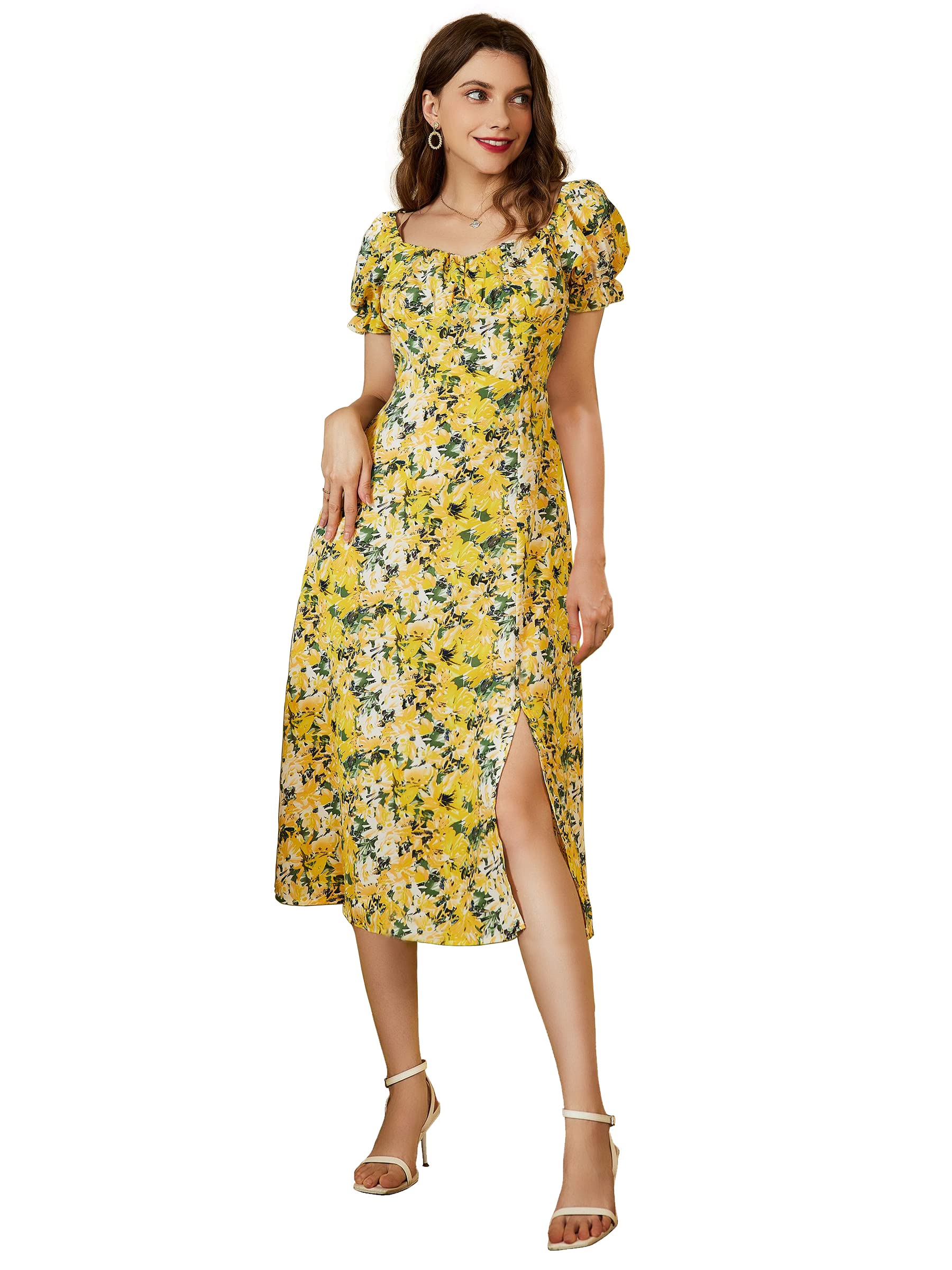 Sugathari Women's & Girls' Solid V Neck Ankle Length Beshop Sleeve A-Line Dress For Women (Dress2 46 Lemon Yellow L)