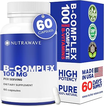 Nutra Wave Super B Complex Vitamins for Women & Men, High Potency B1 B2 B3 B5 B6 B7 B9 B12 with Choline & Myo-Inositol, Energy & Brain Support, Made in USA, Vegan Non-GMO, 60 Capsules