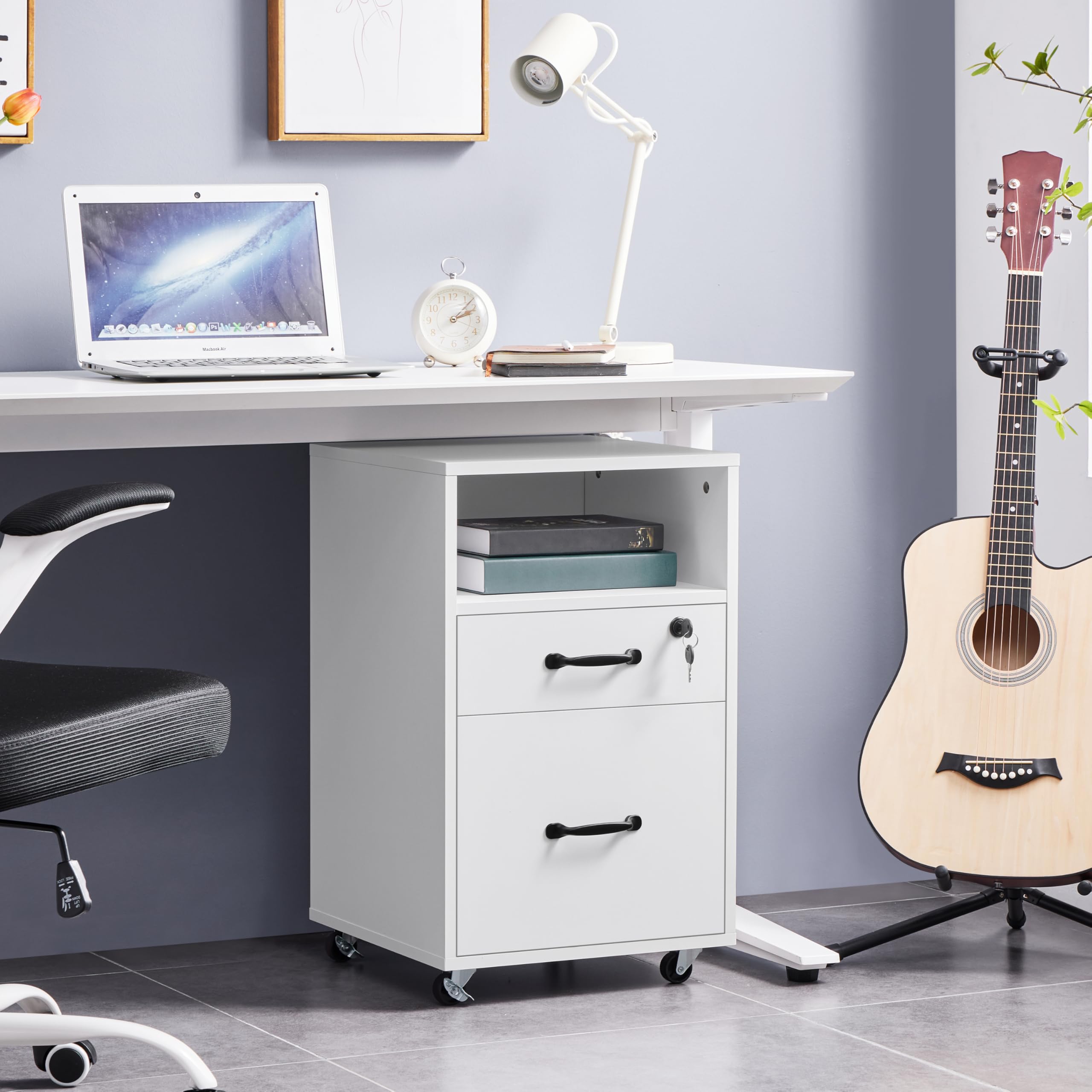 Yaheetech Armadietto da Ufficio e Studio Schedario da Archivio con 2 Cassetti e Ruote Mobile con Ripiano Aperto 40 x 40 x 65,5 cm Mobiletto Portadocumenti A4 Bianco