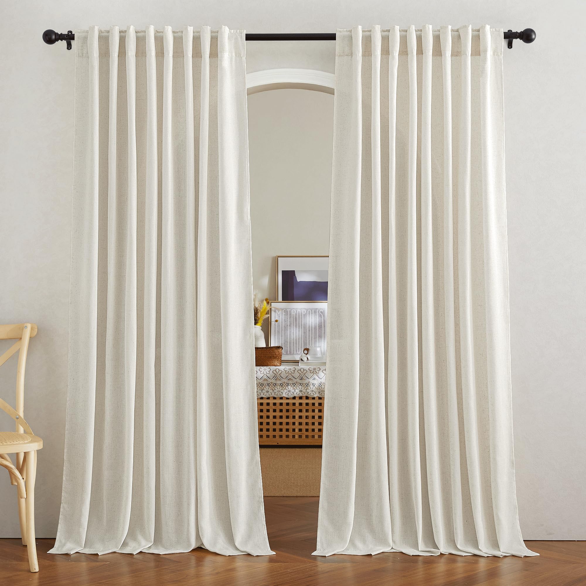 nicetown thick flax linen curtains for living room, rod pocket & back tab semi sheer drapes privacy added with light filtering for bedroom/living room, natural, w68 x l90, 2 panels