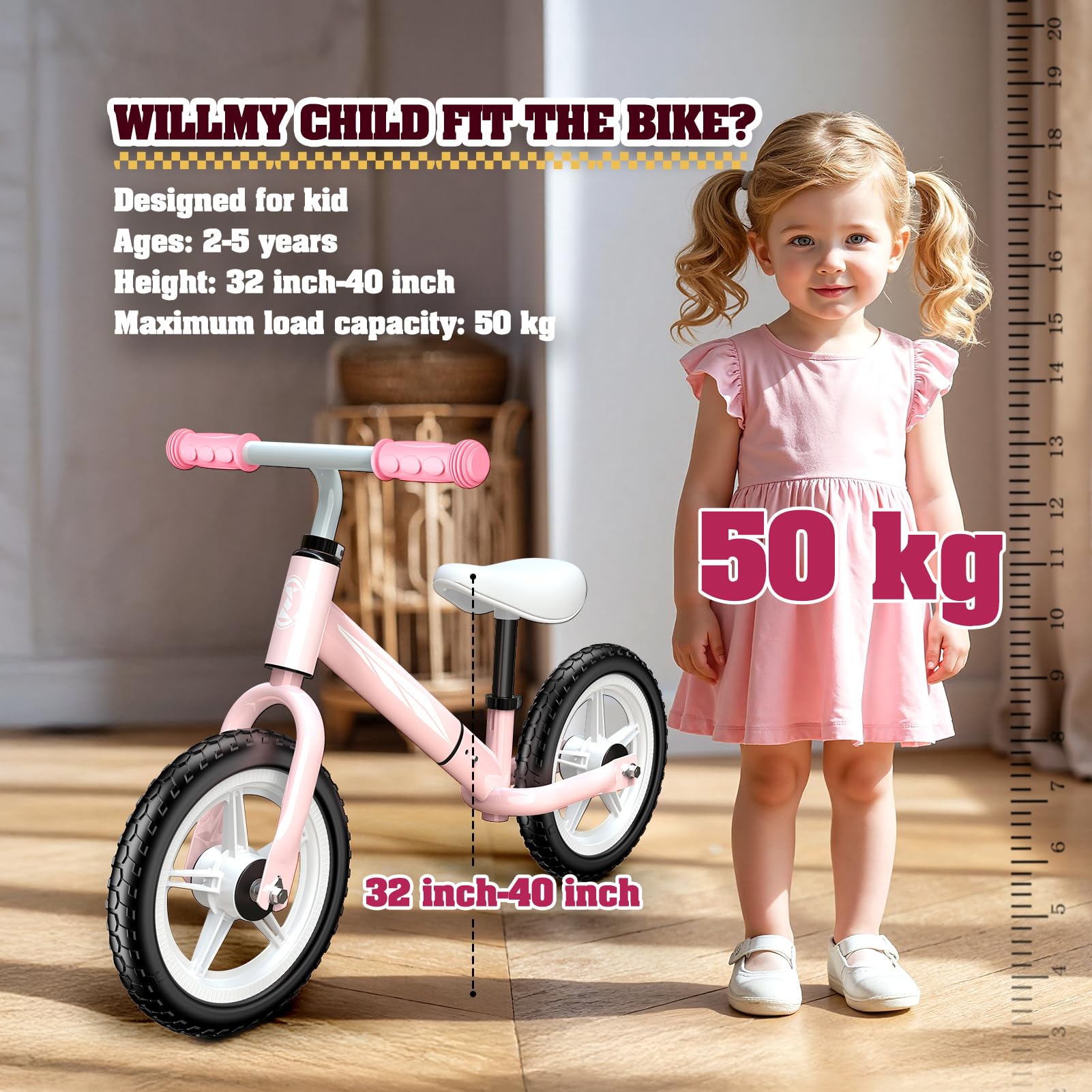 Bicicleta sin Pedales para Niños 2-5 Años, Ajustable con Asiento y Manillar, Luces en Ruedas, Regalo Juguete Seguro, Peso 50kg, Color Rosa